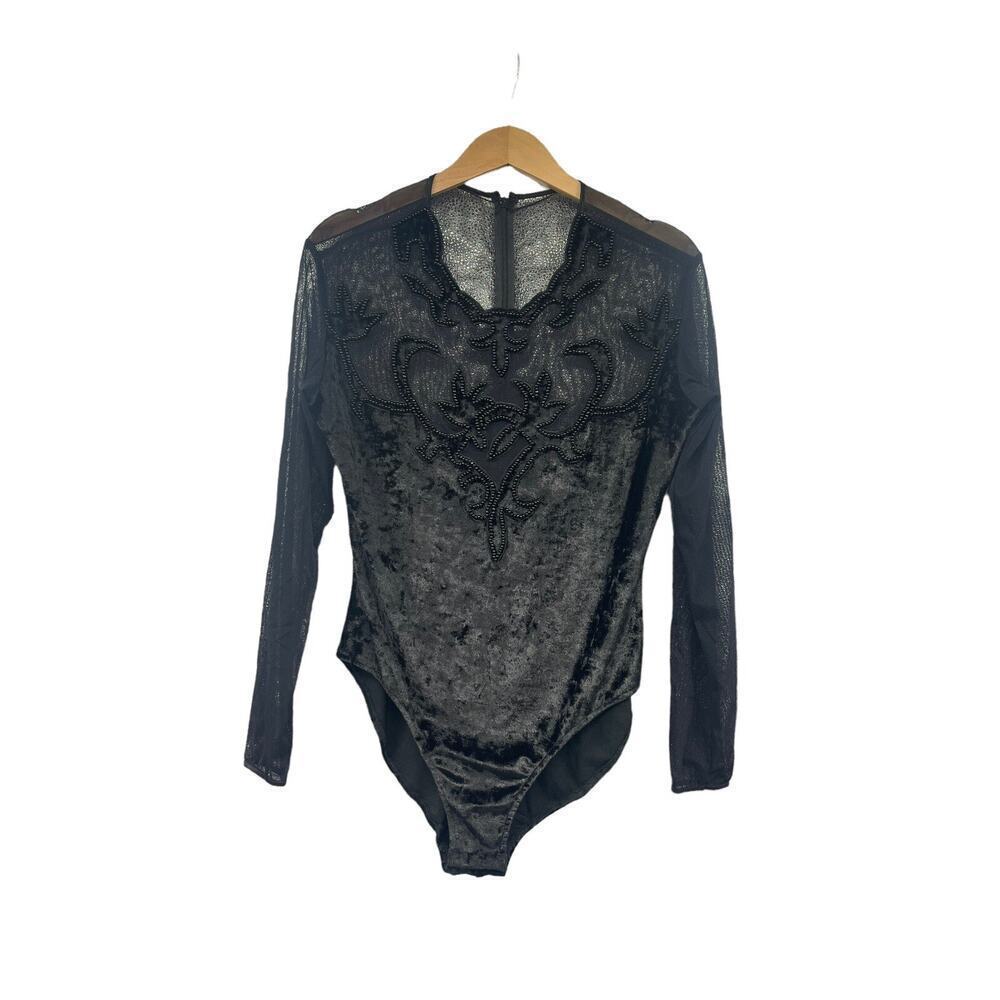 Vintage Victorias Secret‎ Witchy Black Whimsigoth Velvet Bodysuit Beaded Gold L